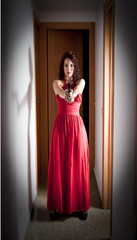 Fototapeta premium Beautiful Woman with a red dress and a gun