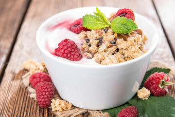 Bowl with fresh made Raspberry Yogurt