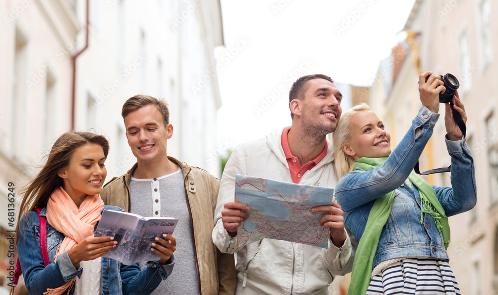 Canvas Prints group of friends with city guide, map and camera