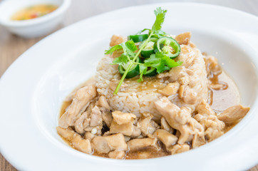 Chicken with brown sauce on rice