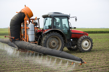 Tractor sraying crops field