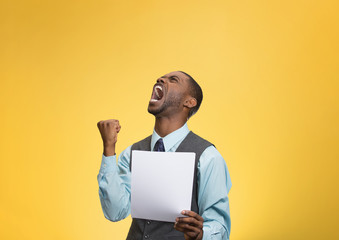 Angry customer, executive man screaming holding document