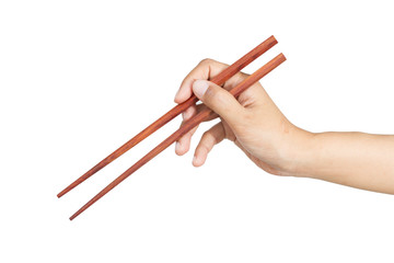 hand holding chopsticks, isolated on white background