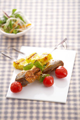 close up fish barbecue and vegetable on white tray