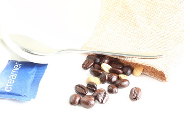 Dark coffee bean and coffee bean sack