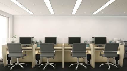 3d render of office cubicles with computers and chairs
