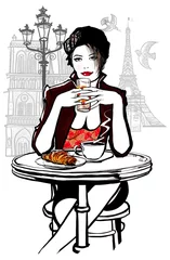 Gordijnen Parijs - vrouw op vakantie aan het ontbijt © Isaxar
