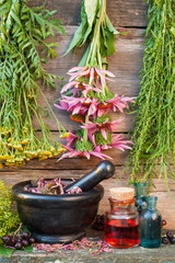bunches of healing herbs on wooden wall, black stone mortar and