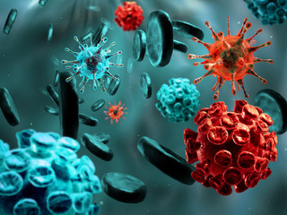 Obraz na płótnie Canvas Detailed 3d illustration of Viruses and blood cells.