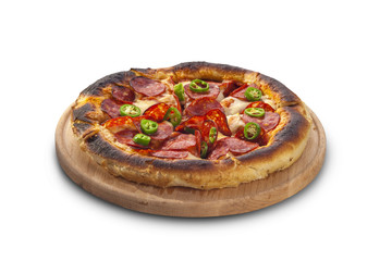 pizza with sausages and chilies