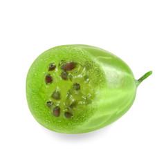 Green ripe gooseberry closeup with seed on white background