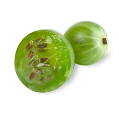 Green ripe gooseberry closeup with seed on white background
