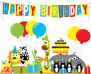 Naklejka premium animals with balloons, gifts, birthday cake- happy birthday