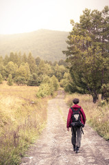 Obraz premium Male tourist hiking with backpack.