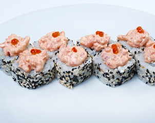 spice sushi with sauced slices