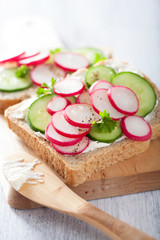 healthy sandwich with radish cucumber and cream cheese