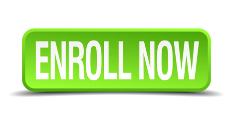 enroll now green 3d realistic square isolated button