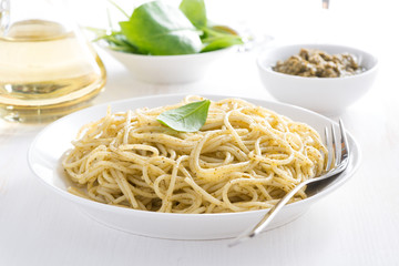 Pasta spaghetti with pesto, horizontal