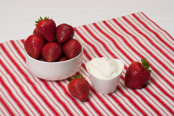 Fresh Strawberries With Sweet Cream. Natural Cotton Napkin
