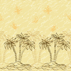 Fototapeta na wymiar Seamless pattern, palm trees and butterflies contours