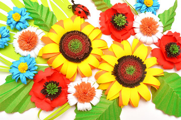 Fototapeta premium Sunflowers, daisies, ladybug paper origami-style