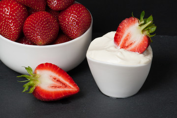Fresh Strawberries With Sweet Cream. Natural Slate Placemat