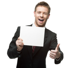 cheerful businessman holding sign