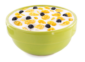 corn flakes in bowl on white