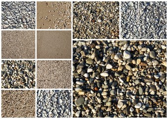 Collage of various sand and pebbles textures