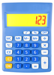Calculator with 123 on display on white background