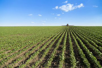 Fototapeta na wymiar Tractor spraying soybean crop field