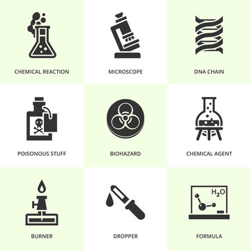 Set of black chemistry icons.