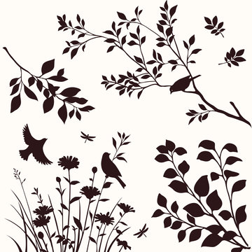 silhouette birds, flowers, branches, leaves clip art preview