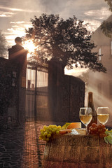 White wine with barell in vineyard, Chianti, Tuscany, Italy