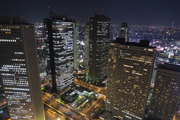 Naklejka premium ［東京都市風景］新宿高層ビル群の夜景と遠くに東京スカイツリーを望む