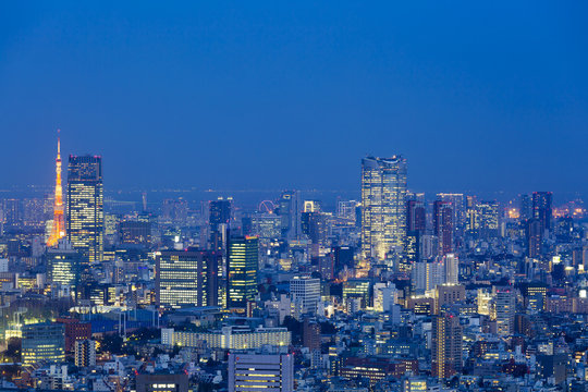 ［東京都市風景］トワイライトの東京タワーをはじめ都心の街並を一望する