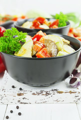 Steamed vegetables in the ceramic pot