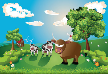 Cows and Bull on Lawn