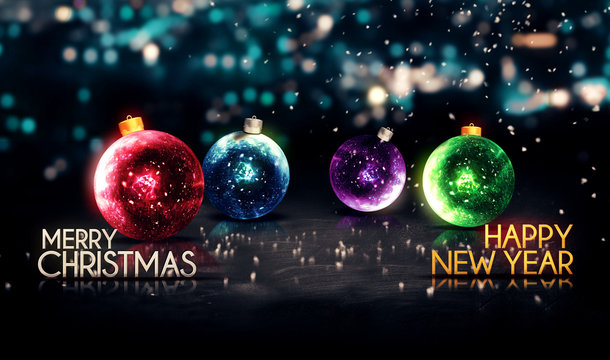 Merry Christmas Happy New Year Colorful Baubles Background