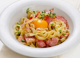 Pasta Carbonara on a white plate