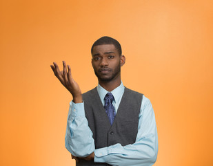Clueless, arrogant, offended man, orange background