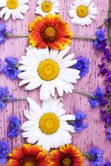 Obraz premium Beautiful wildflowers on wooden background
