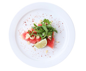 Salad with watermelon, feta, arugula, shrimps, balsamic sauce