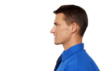 Profile of young man blue shirt, left you can write some text