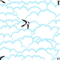 Heavenly seamless pattern with swallows and clouds