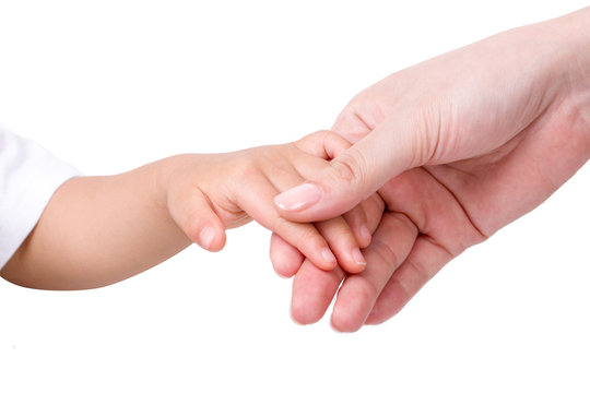 Adult hands holding a child's hand  Isolated on white