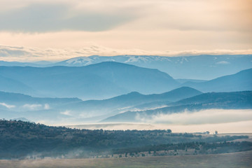 Blue mountains covered with mist