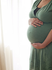 Pregnant young woman holding her belly