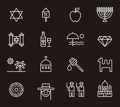 Set of white outlined icons in a black background related to Israel
