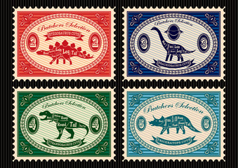 Obraz premium set of postage stamps dinosaurs and their cutting scheme